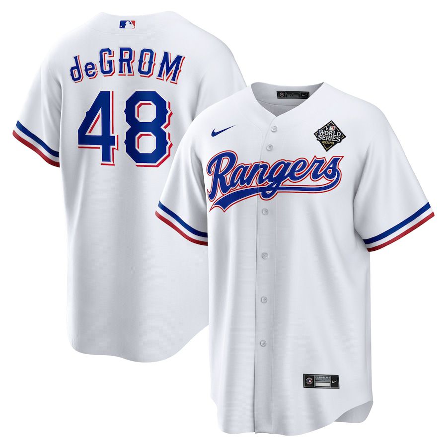 Men Texas Rangers #48 Jacob deGrom Nike White 2023 World Series Replica Player MLB Jersey